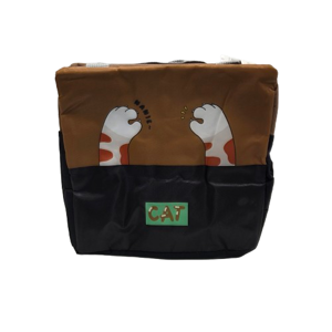 Geantă Termică pentru Copii, 24 x 24 x 13 cm, cu Fermoar, Buzunar Frontal și Imprimeu Pisică, pentru Păstrarea Alimentelor, Maro și Negru