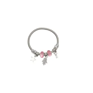 Brățară Tip Pandora cu Mărgele Decorative și Pandantive Metalice, Model Elegant pentru Femei, Culoare Argintiu cu Roz
