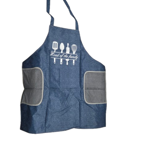 Șorț de Bucătărie cu 2 Buzunare Frontale, Model Head of the Family, Bretele pentru Legare, Design Modern, Albastru Denim cu Gri