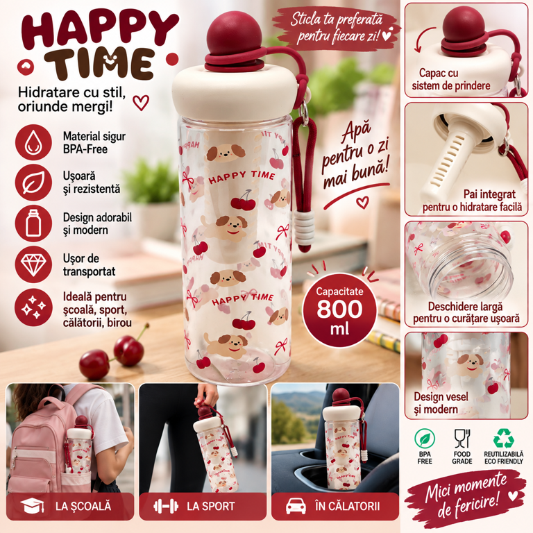 Sticlă de Apă din Plastic, Capacitate 750 ml, Reutilizabilă