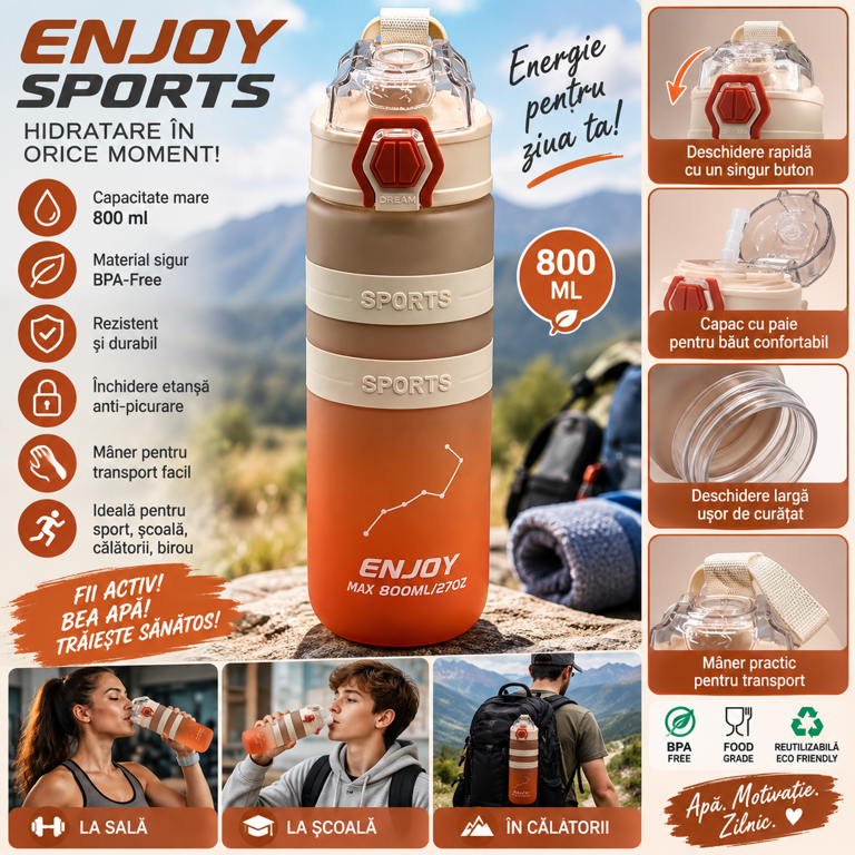 Sticlă de Apă din Plastic, Capacitate 800 ml, Reutilizabilă