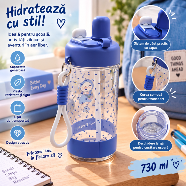 Sticlă de Apă din Plastic, Capacitate 730 ml, Reutilizabilă