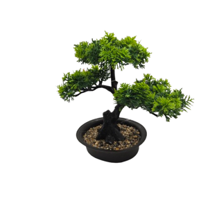 Bonsai Artificial în Ghiveci, Model Cedru Dragon, Copăcel Decorativ cu Frunziș Verde și Trunchi Curbat, pentru Casă și Birou, 24 x 24 cm