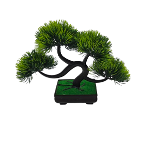 Bonsai Artificial în Ghiveci, Model Pin Mare Rezistent, Copăcel Decorativ cu Frunziș Verde și Trunchi Curbat, pentru Casă și Birou, 23 x 19 cm