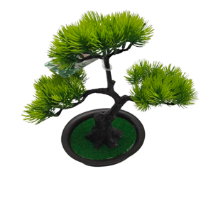 Bonsai Artificial în Ghiveci, Model Pin cu 3 Ramificații, Copăcel Decorativ cu Frunziș Verde și Trunchi Curbat, pentru Casă și Birou, 31 x 26 cm