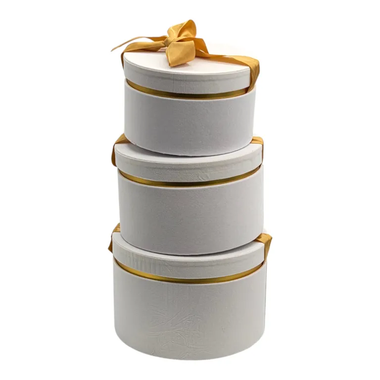 SET 3 CUTII CADOU ROTUNDE CU FUNDĂ AURIE – ALB