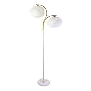 Lampă decorativă de podea 2 abajururi 156 cm, structură metalică albă cu elemente aurii, lampadar pentru living dormitor birou