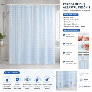 PERDEA DE DUȘ TRANSPARENTĂ 180×180 CM CU INELE DE PRINDERE INCLUSE