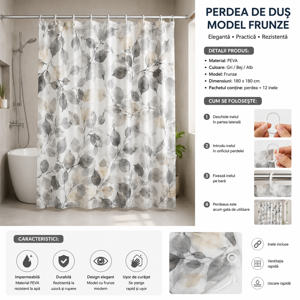 PERDEA DE DUȘ 180×180 CM CU IMPRIMEU FLORAL ȘI INELE DE PRINDERE INCLUSE