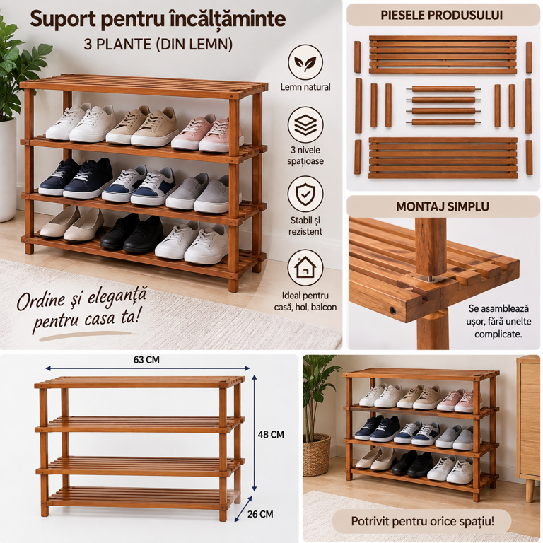 Raft pentru Pantofi din Lemn, Organizator pentru Depozitare Încălțăminte
