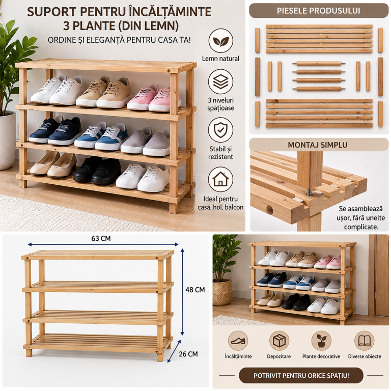 Raft pentru Pantofi din Lemn, Organizator pentru Depozitarea Încălțămintei