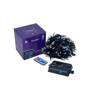 Instalație luminoasă LED albastră cu 240 becuri, lungime 50 metri, cablu negru, model multifuncțional cu telecomandă inclusă