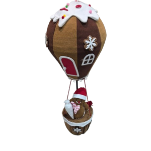 Decorațiune Telescopică de Crăciun Suspendabilă, Ursuleț în Balon cu Aer Cald, Model Căsuță din Turtă Dulce, cu Accesorii Festive, Maro și Alb