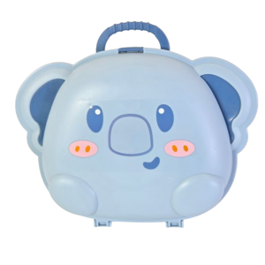 Jucarie 2 in 1 elefant tip valiza cu accesorii bucatarie, set gatit copii cu ustensile si alimente, design portabil cu maner, model animal, culoare albastru