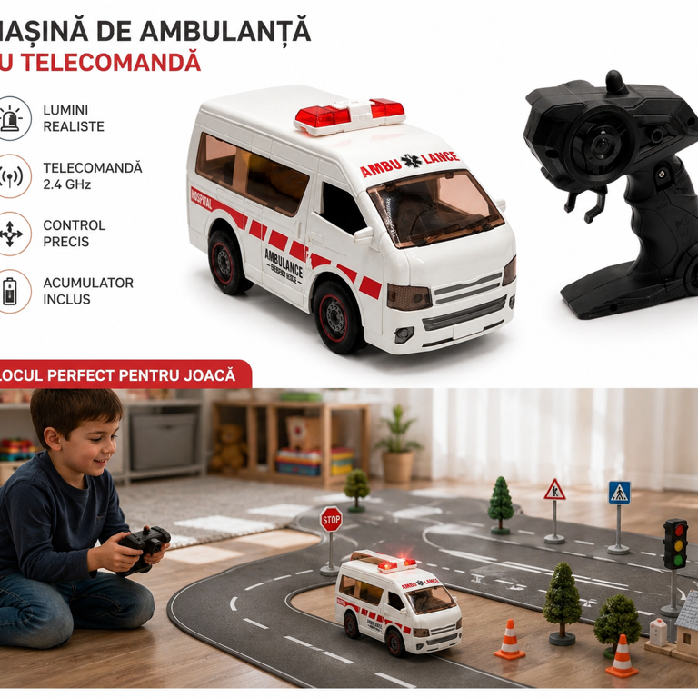 JUCĂRIE AMBULANȚĂ CU TELECOMANDĂ, LUMINI ȘI SUNETE