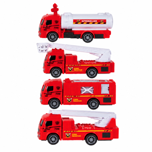 Set 4 Mașinuțe de Pompieri, Autospeciale de Intervenție cu Scară, Platformă de Salvare și Cisterna de Apă, Jucării pentru Copii, Roșu-Alb