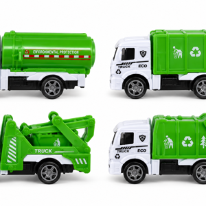 Set 4 Mașinuțe Utilitare de Salubritate, Camioane de Gunoi, Reciclare și Curățenie Urbană, Vehicule ECO de Jucărie pentru Copii, Verde-Alb