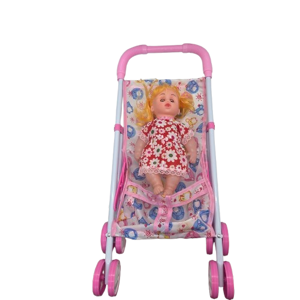 Set Jucărie Cărucior pentru Păpuși cu Roți Duble, Păpușă Fashion Girl și Accesorii, Culoare Roz, Joc de Rol pentru Copii
