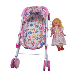 Set Jucărie Cărucior pentru Păpuși cu Landou, Păpușă Fashion Girl și Accesorii, Roz-Violet, Joc de Rol pentru Copii