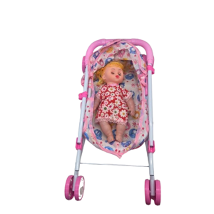 Set Jucărie Cărucior pentru Păpuși cu Landou și Păpușă Fashion Girl cu Rochiță Roz cu Steluțe, Joc de Rol pentru Copii