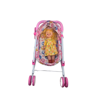 Set Jucărie Cărucior pentru Păpuși cu Landou și Păpușă Fashion Girl cu Rochiță cu Model Floral, Roz, Joc de Rol pentru Copii