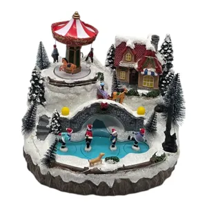 Decorațiune de Crăciun Peisaj de Iarnă cu Patinoar Animat, Carusel, Lumini LED și Muzică