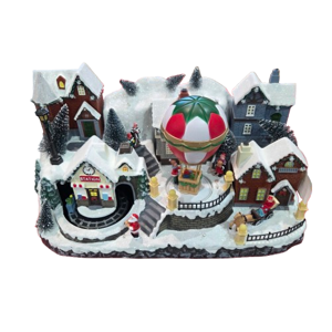 Orășel Decorativ de Crăciun Animat, cu Lumini LED, Căsuțe Înzăpezite, Carusel și Figurine în Mișcare