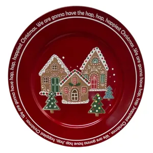 Farfurie Decorativă de Crăciun, Roșie, cu Căsuțe din Turtă Dulce și Brazi, 33 cm