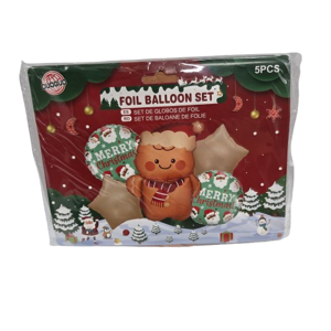 Set 5 Baloane Folie cu Tematică de Crăciun, Om de Turtă Dulce, Moș Crăciun și Stele Aurii, pentru Petreceri și Decorațiuni Festive