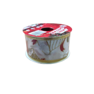 Panglică Decorativă de Crăciun, Albă cu Model Festiv și Accente Aurii, Margini Aurii, pentru Brad, Cadouri și Aranjamente, 3,8 cm x 270 cm