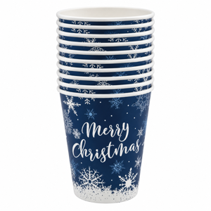 Set 10 Pahare de Unică Folosință cu Tematică de Crăciun, 250 ml, Model Fulgi de Zăpadă, pentru Mese Festive și Petreceri