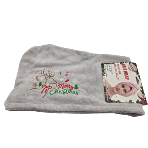 Prosop pentru Păr Tip Turban, cu Tematică de Crăciun, Model Festiv Merry Christmas, Gri, Moale și Absorbant