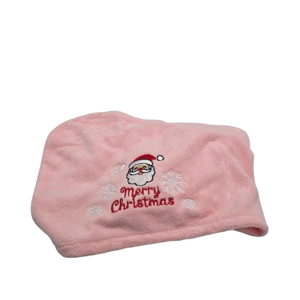 Prosop pentru Păr cu Tematică de Crăciun, Model Moș Crăciun și Fulgi de Nea, Broderie Merry Christmas, Material Moale și Pufos, Roz