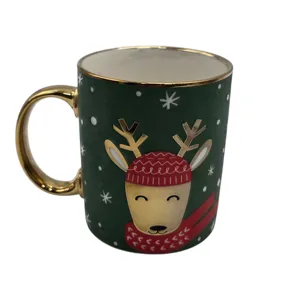 Cană Ceramică de Crăciun 340 ml, Model Ren, Verde cu Detalii Aurii, Cană Festivă cu Mâner Auriu