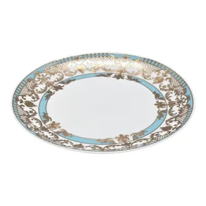 Farfurie Întinsă din Porțelan HOME CLASS 9.5 Inch, Model Elegant Alb cu Decor Auriu și Albastru, pentru Servirea Mesei
