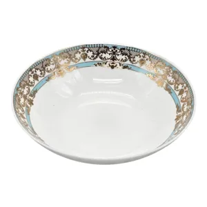 Farfurie Adâncă din Porțelan HOME CLASS 8 Inch, Model Elegant Alb cu Decor Auriu și Albastru, pentru Supă, Ciorbă și Paste