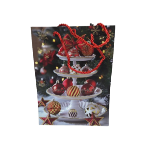 Pungă de Cadou cu Tematică de Crăciun, 18 x 24 x 8,5 cm, Model cu Globuri și Decorațiuni Festive, Mânere din Șnur Roșu