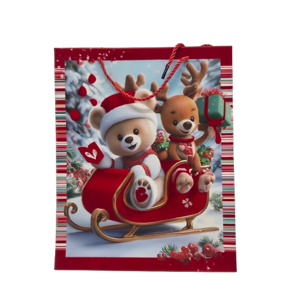 Pungă de Cadou cu Tematică de Crăciun, 18 x 24 x 8,5 cm, Model cu Globuri și Decorațiuni Festive, Mânere din Șnur Roșu
