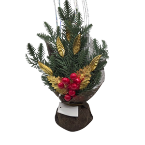 Aranjament Decorativ de Crăciun cu Crenguțe de Brad Artificial, Frunze Aurii, Bobițe Roșii și Accente Strălucitoare, Decorațiune Festivă pentru Masă sau Birou