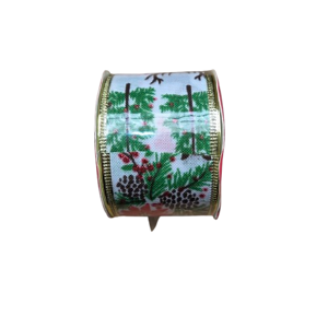 Panglică Decorativă de Crăciun, Albă cu Model Floral, Crăciunițe Roșii, Conuri de Brad și Crenguțe Verzi, Margini Aurii, 3,8 cm x 2,7 m