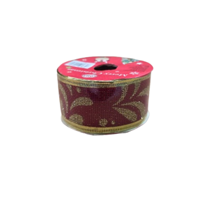 Panglică Decorativă de Crăciun, Roșu Bordo cu Model Floral Auriu și Sclipici, Margini Aurii, pentru Brad, Cadouri și Aranjamente Festive, 3,8 cm x 270 cm