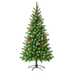 Brad artificial de Crăciun 180 cm cu zăpadă artificială, conuri naturale și fructe decorative roșii – Ramuri dense 3D și suport metalic stabil pentru decor interior