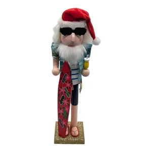 Figurină Decorativă de Crăciun Moș Crăciun Surfer 38 cm, Spărgător de Nuci cu Placă de Surf