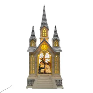 Biserică Decorativă de Crăciun cu Scenă Festivă, Lumini, Muzică și Alimentare USB, 41 x 17 x 9 cm