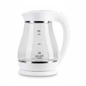 Fierbător Electric din Sticlă ADLER AD 1279 – 1,7L, 2200W, Iluminare LED Albastră, Oprire Automată, Element de Încălzire Inox, Bază 360°, Culoare Alb