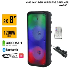 Boxă portabilă wireless NHE AY 8801, 2 x 8 inch, Bluetooth, lumini RGB, 1200W PMPO, baterie 3000 mAh, telecomandă și microfon