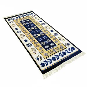 Covor țesut rustic lux  100x200 cm, model decorativ tradițional, cu franjuri – Belma