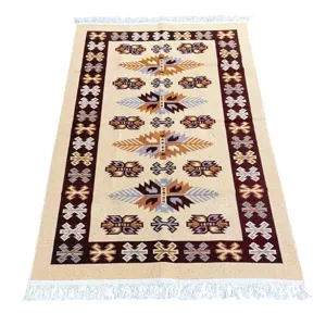 Covor țesut rustic 100 × 150 cm Belma, model tradițional decorativ, franjuri, calitate lux
