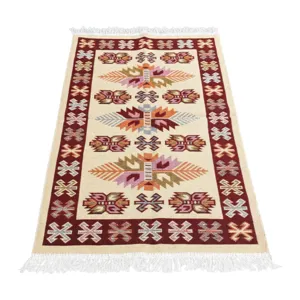 Covor țesut rustic 80 × 125 cm Belma, model tradițional geometric, franjuri decorative, calitate lux