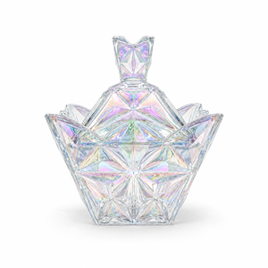 BOMBONIERĂ DIN STICLĂ TIP CRISTAL CU CAPAC DELISOGA 188 MM PENTRU BOMBOANE DECOR ELEGANT